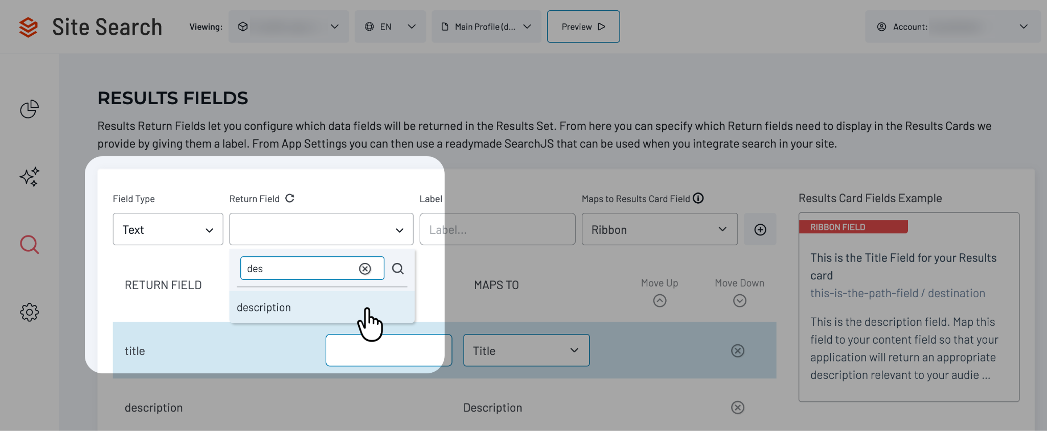 Results Fields screen with Field Type set to Text and Return Field filtered by a search for des.