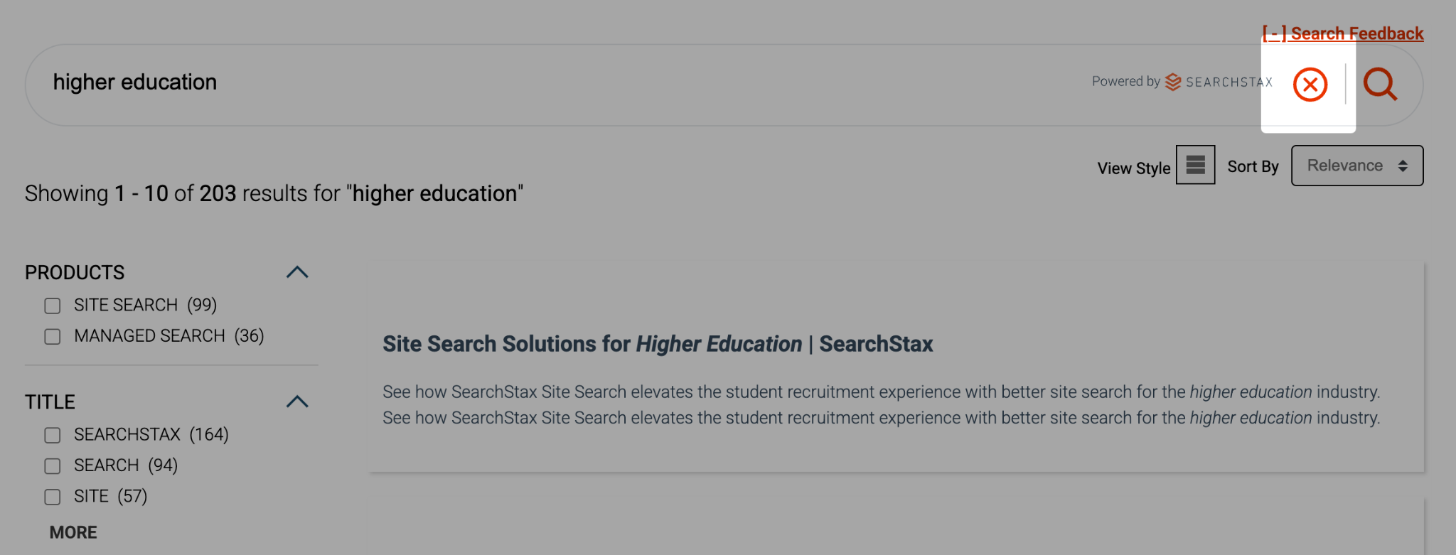 Hosted Search results for query higher education with clear icon highlighted next to the persistent search icon.