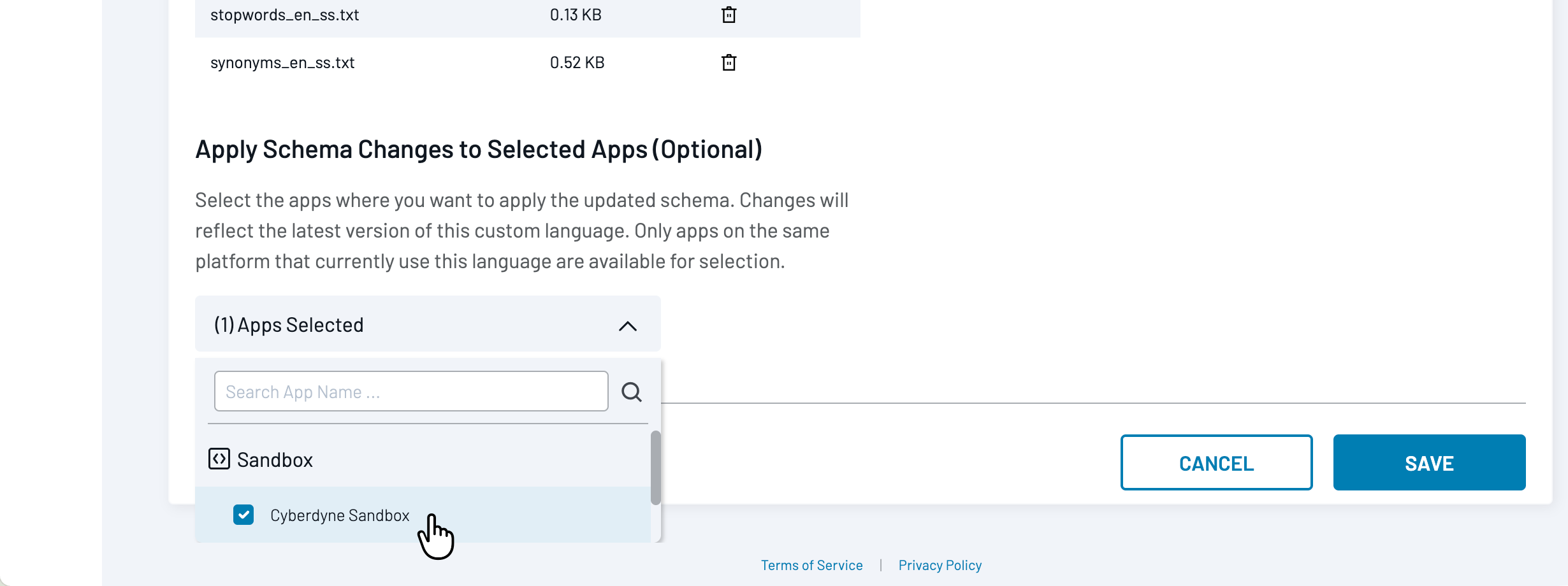 App selector in the Apply Schema Changes to Selected Apps section with one Sandbox app selected.