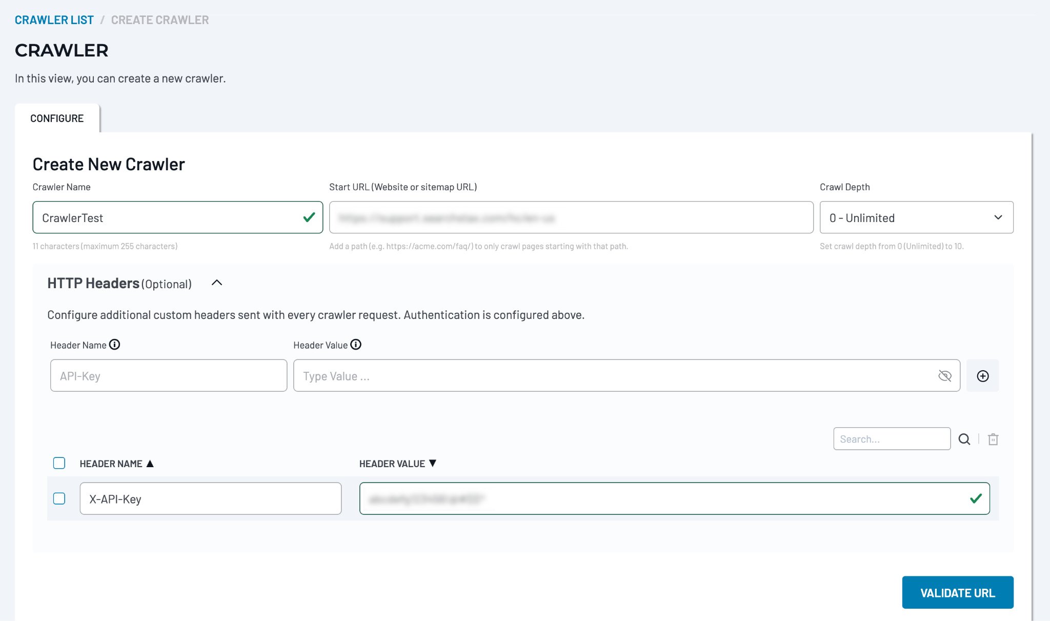 Crawler configuration page showing an HTTP Headers section with one X-API-Key header and a Validate URL button.