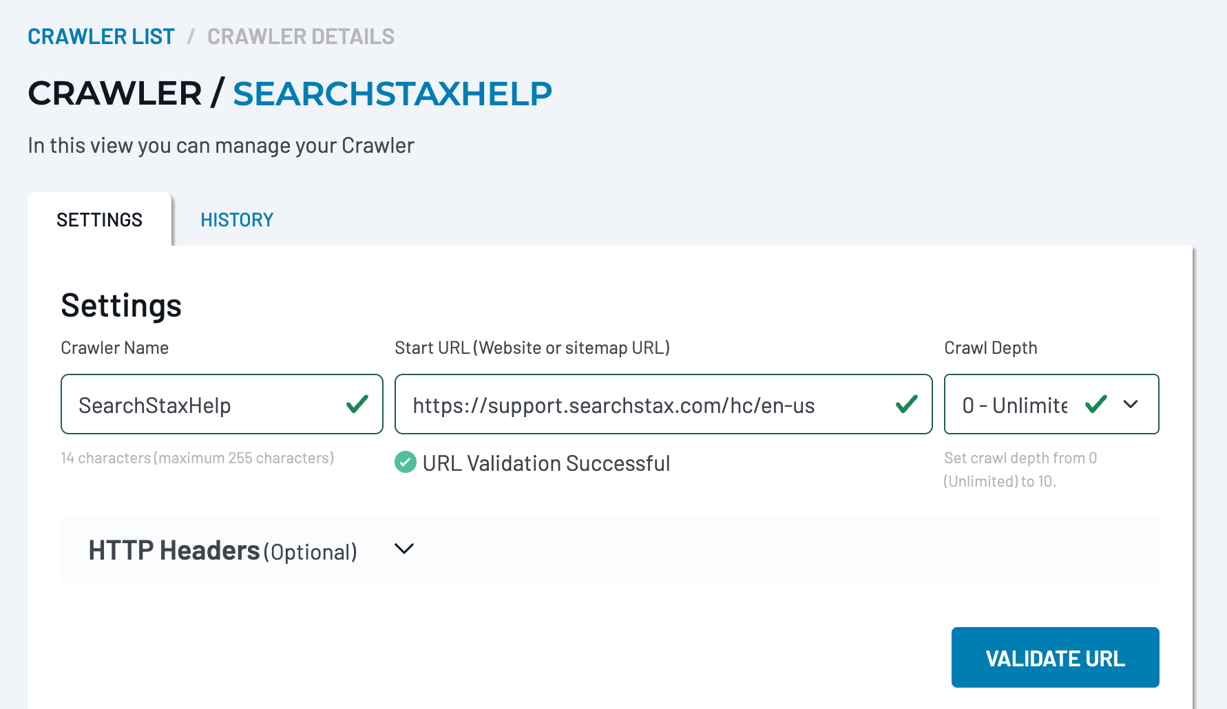 Create new crawler interface showing fields for crawler name, Start URL, Crawl Depth, and manual Start URL validation.
