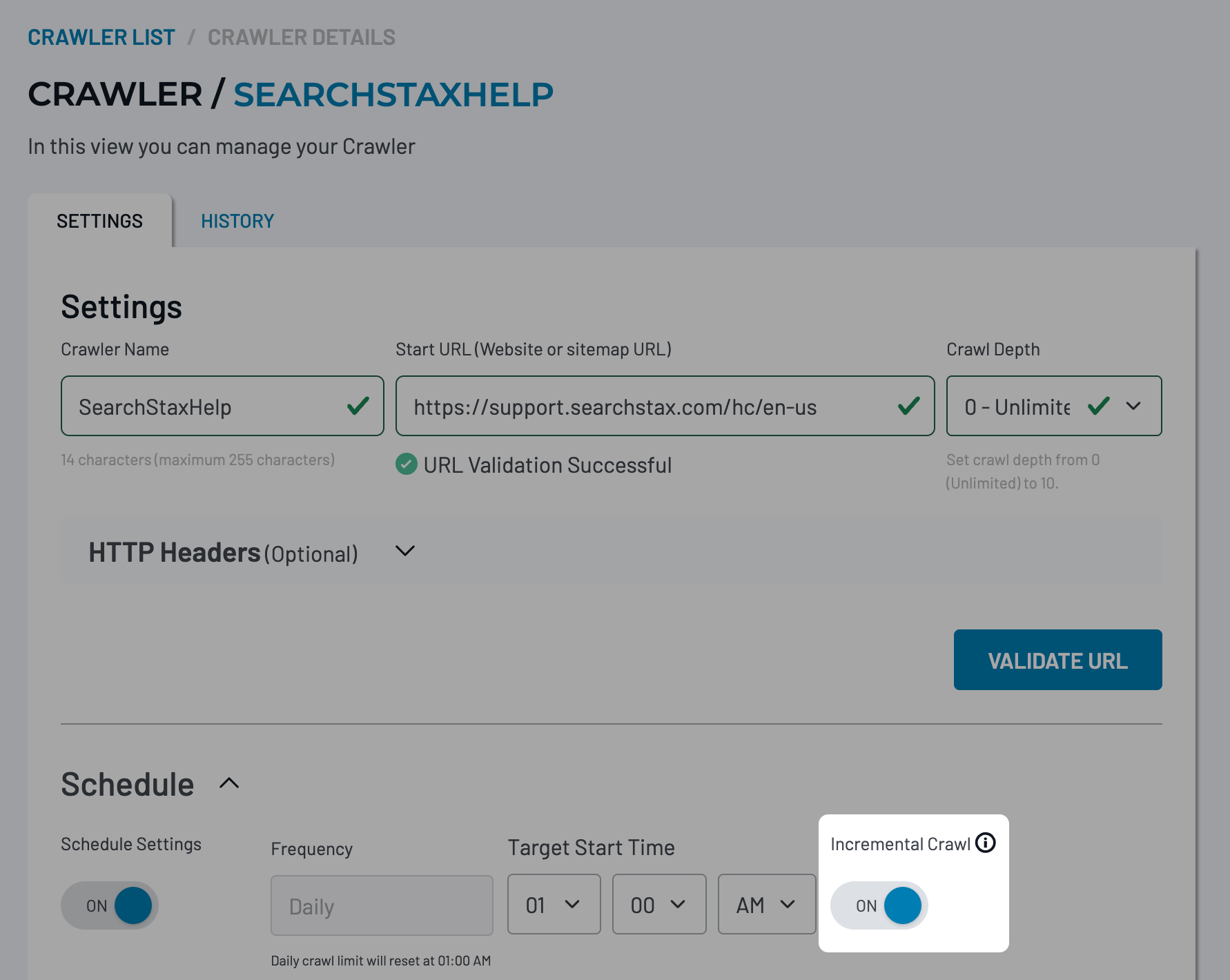 Incremental Crawl toggle enabled in crawler schedule settings.