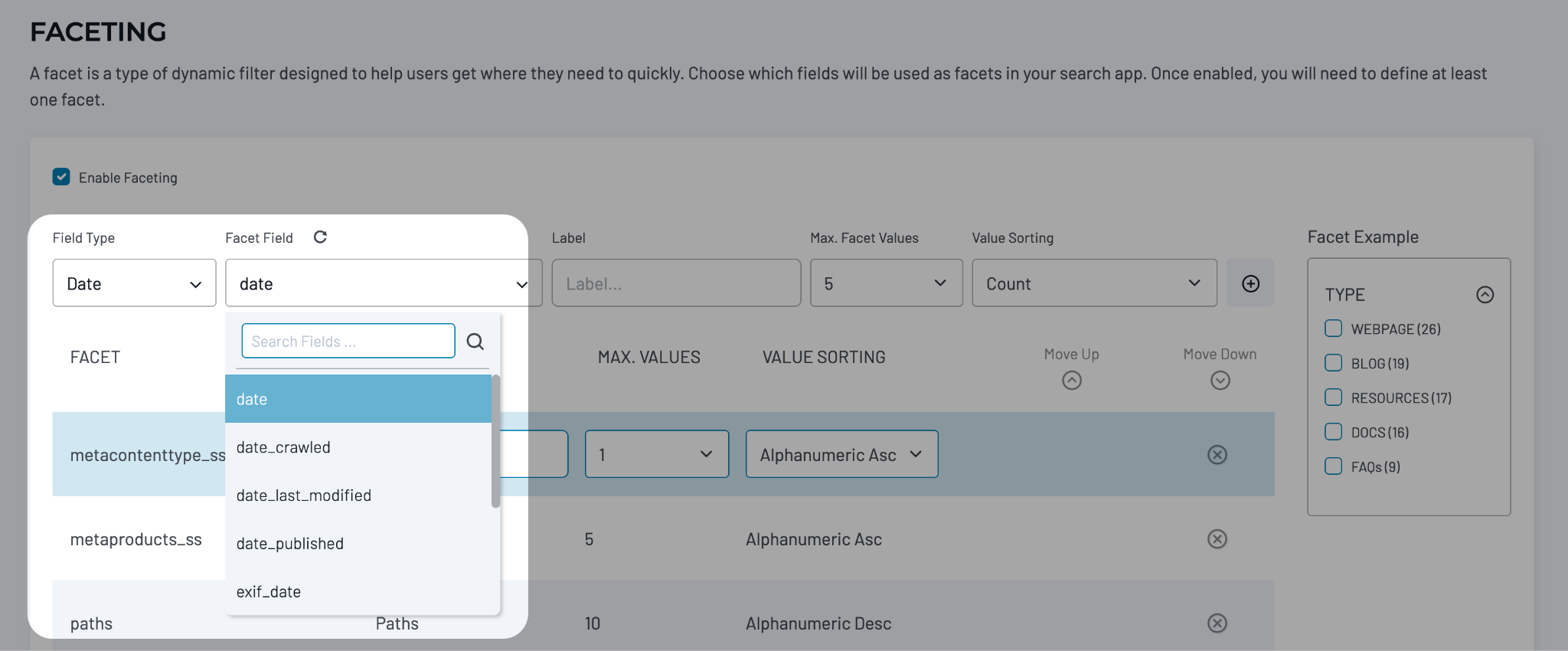 Faceting page with the Field Type dropdown set to Date and the Facet Field search list highlighted.