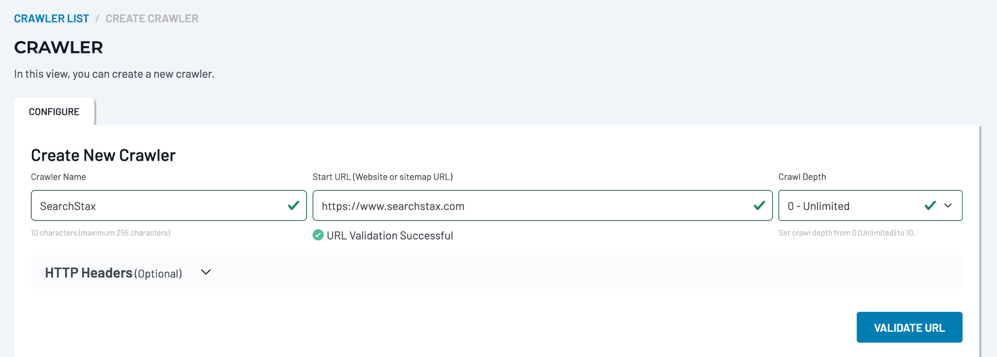 Create new crawler interface showing fields for crawler name, Start URL, Crawl Depth, and manual Start URL validation.