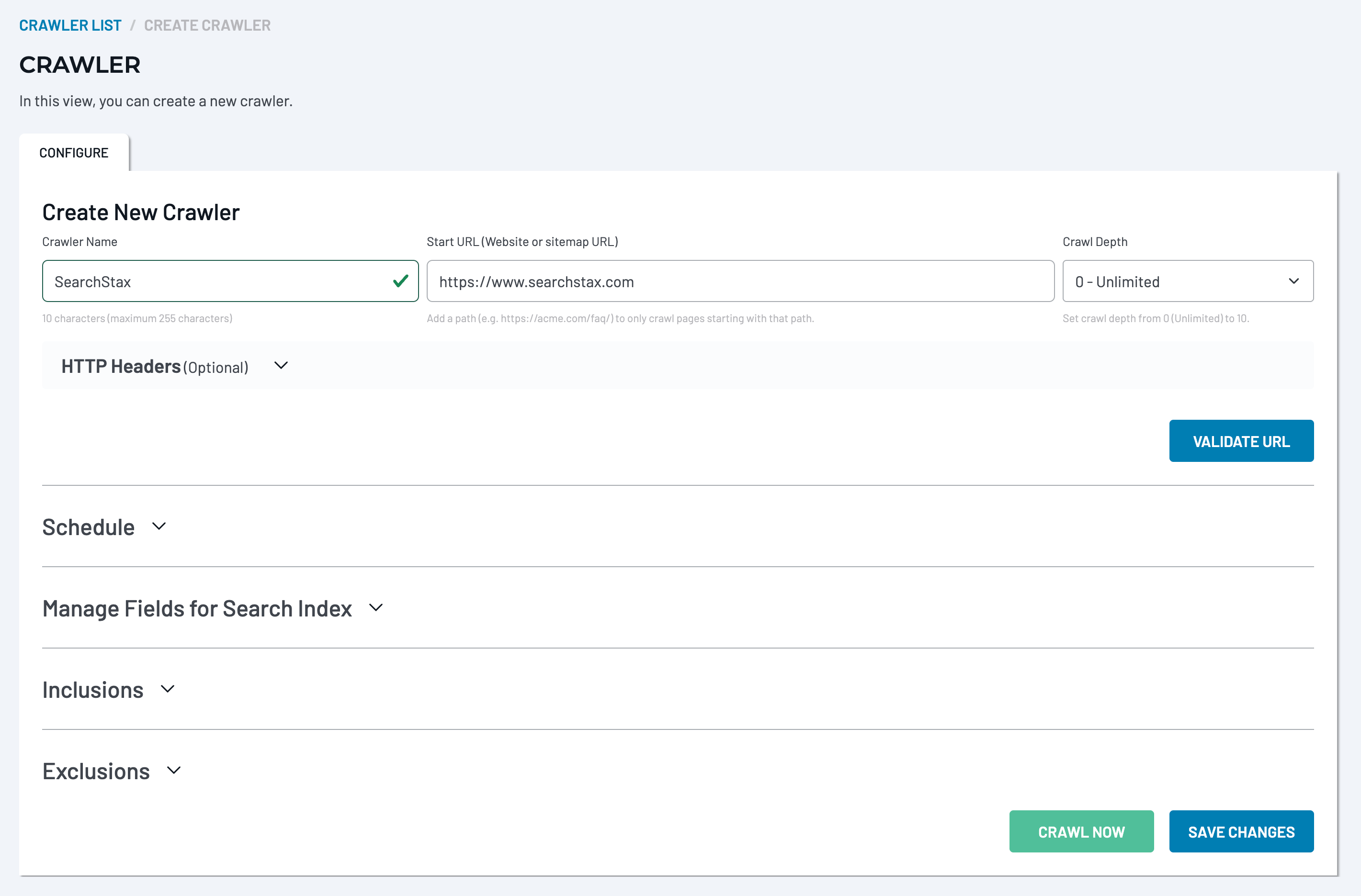 Crawler Details page showing crawler name, Start URL validation, Crawl Depth, Schedule, Fields, Inclusions, and Exclusions sections.