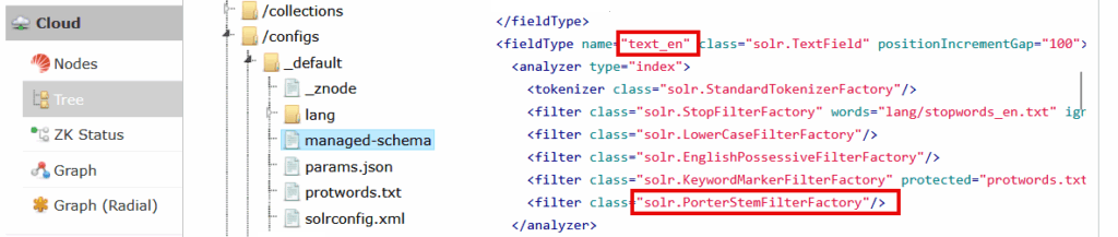 Managed-schema configuration showing the Porter Stem Filter applied to the text_en field type for English text stemming.