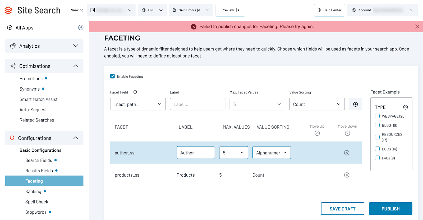 Faceting settings page with an updated red banner that reads “Failed to publish changes for Faceting. Please try again.”