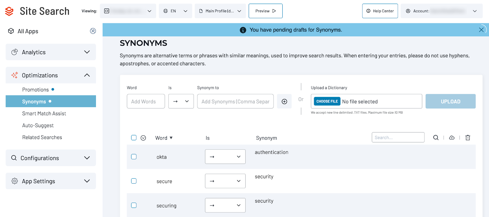 Blue dot next to Synonyms in the navigation menu, indicating pending drafts. The Synonyms page shows a banner that reads ‘You have pending drafts for Synonyms.’