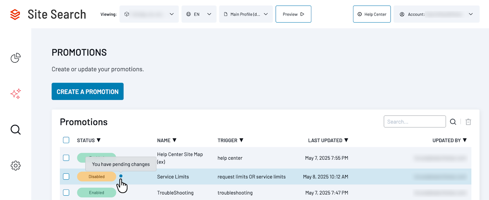 Promotions page shows blue dot next to Disabled status label, indicating unpublished draft changes.