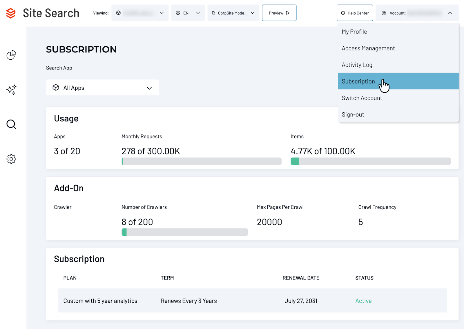 Account menu open with Subscription highlighted. The Subscription page shows usage, add-on, and plan details.
