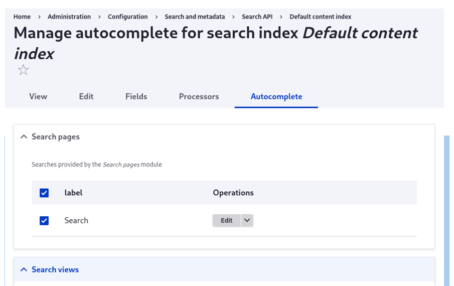 Navigation interface showing the autocomplete configuration panel for the Default content index with search pages and operations settings.