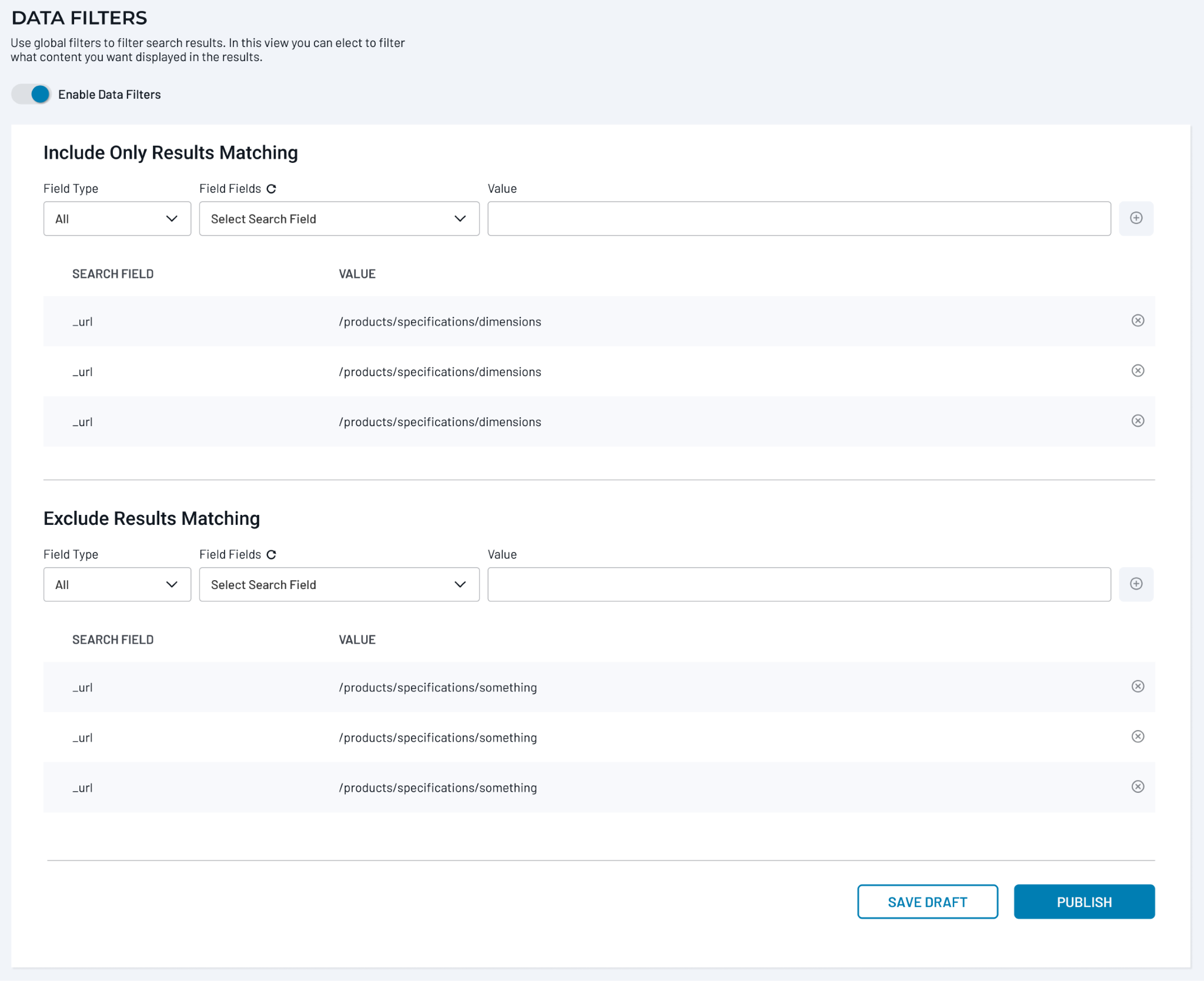 Data Filters page showing include and exclude rules by the _url search field.