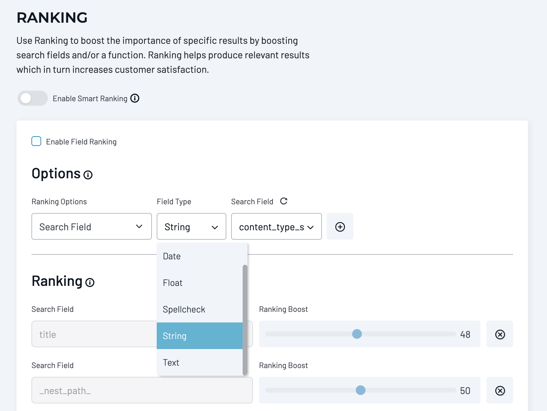 Ranking options panel with Search Field selected from Ranking Options, String selected as the Field Type, and content_type_s as the Search Field.