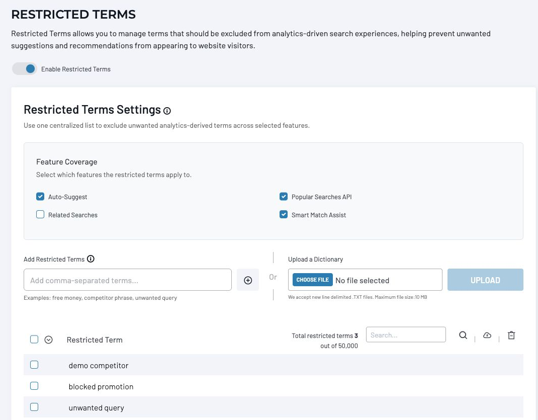 Restricted Terms showing selected features, term entry, file upload, and a term list.