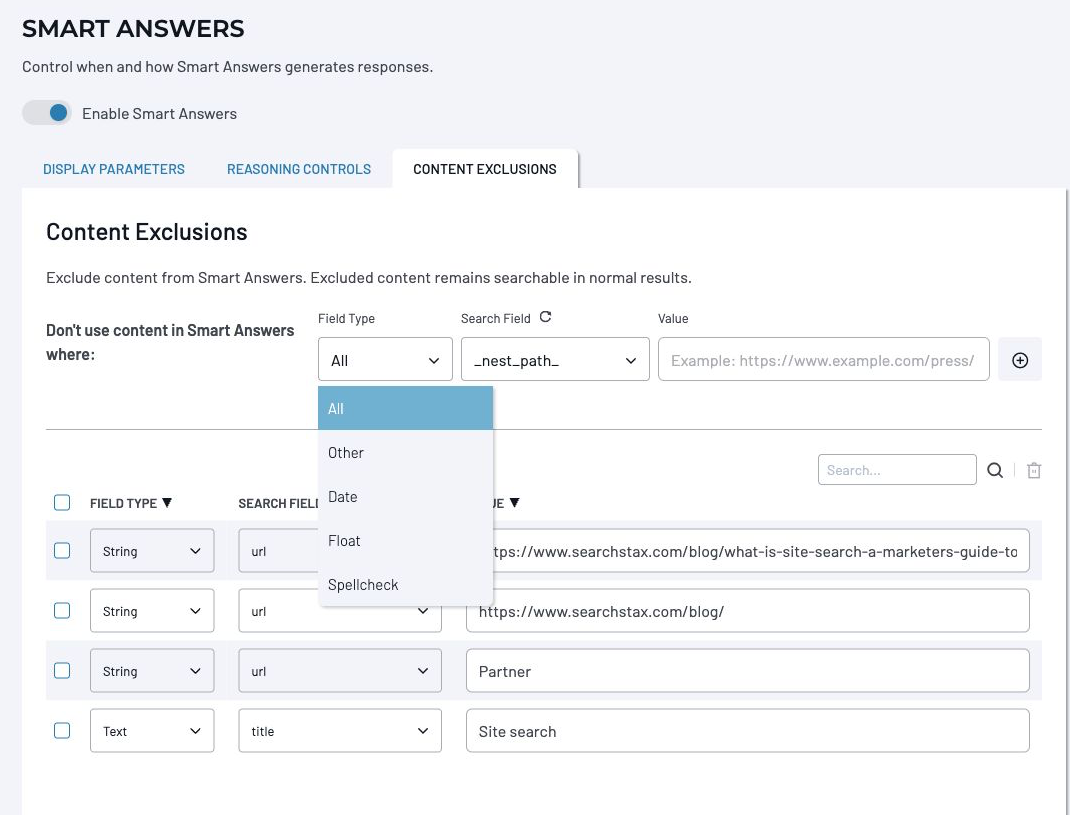 Smart Answers Content Exclusions showing the Field Type menu and Search Field control.
