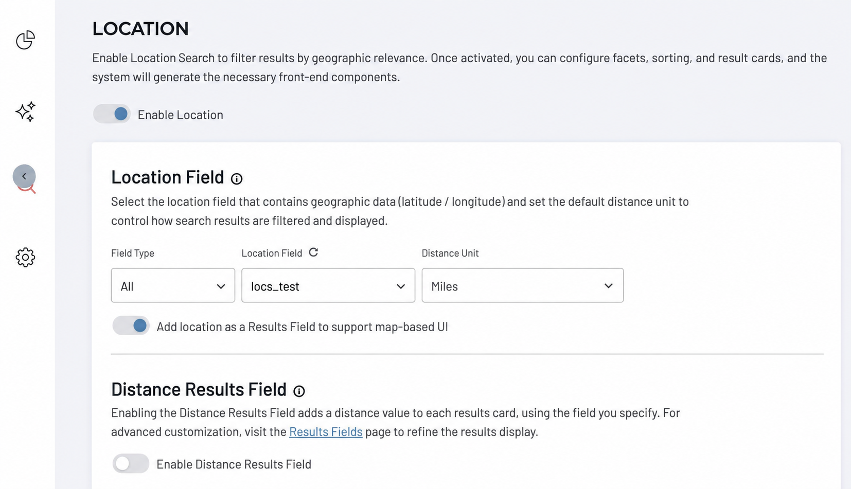 Location configuration panel showing the Enable Location toggle, Field Type set to All, Location Field set to locs_test, Distance Unit set to Miles, and the Add location as a Results Field toggle.