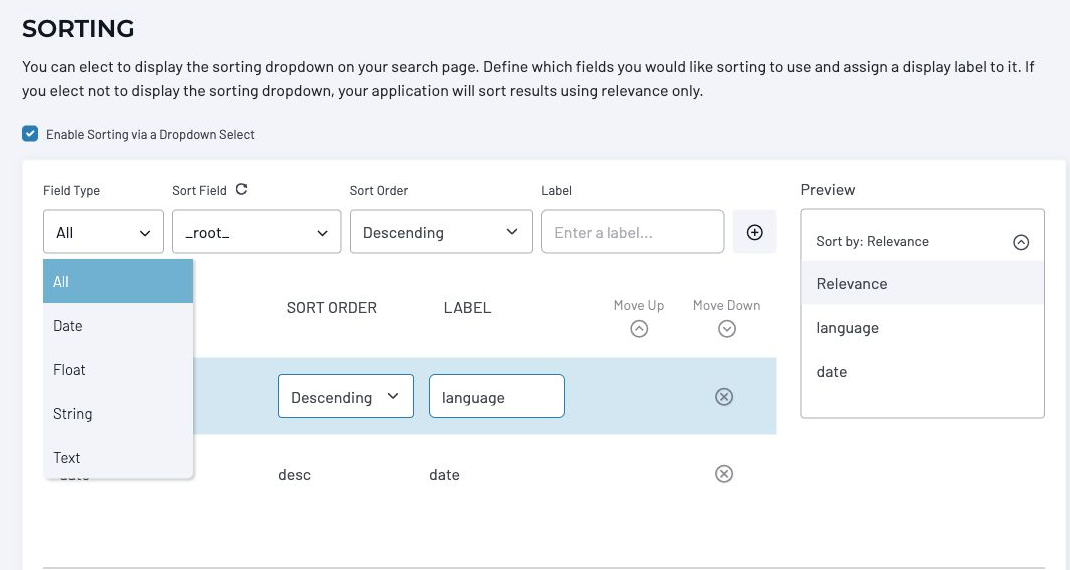 Sorting configuration showing the Field Type filter and Sort Field selection.