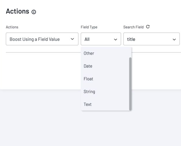 Rule action showing the Field Type menu and Search Field control for Boost Using a Field Value.