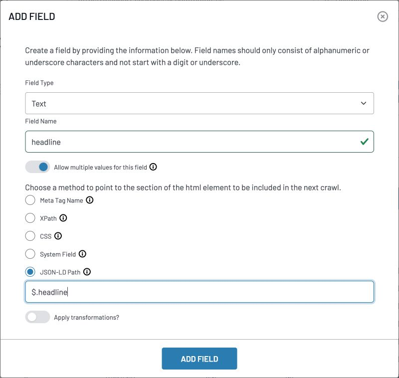 Add Field dialog showing JSON-LD Path selected with $.headline entered for the headline field.