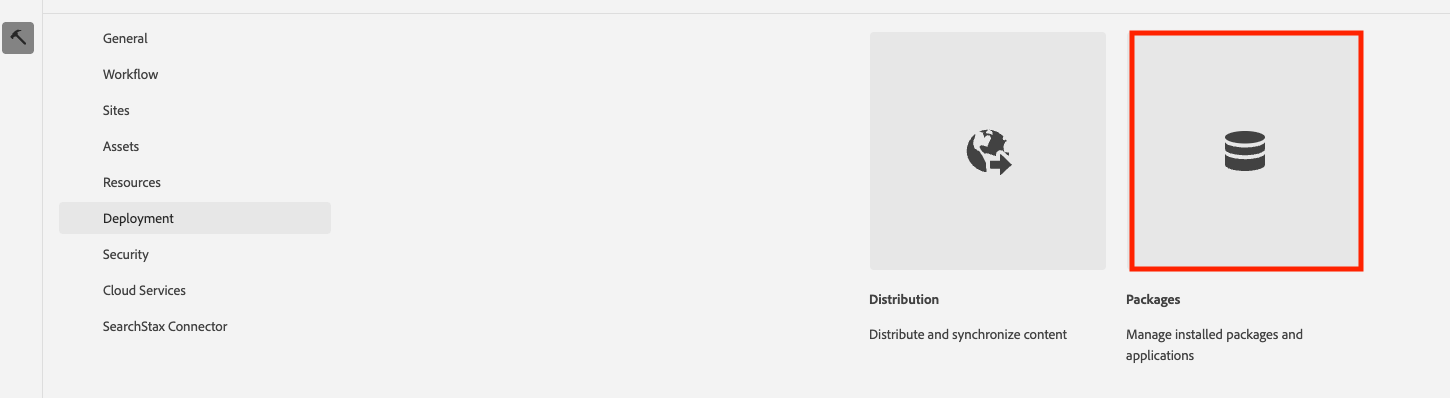 AEM Tools screen with Deployment selected and the Packages card highlighted.