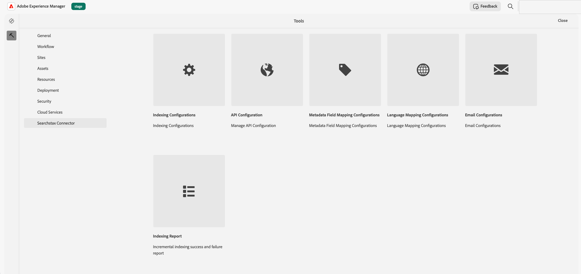 AEM Tools screen showing the Searchstax Connector option and related configuration screens.