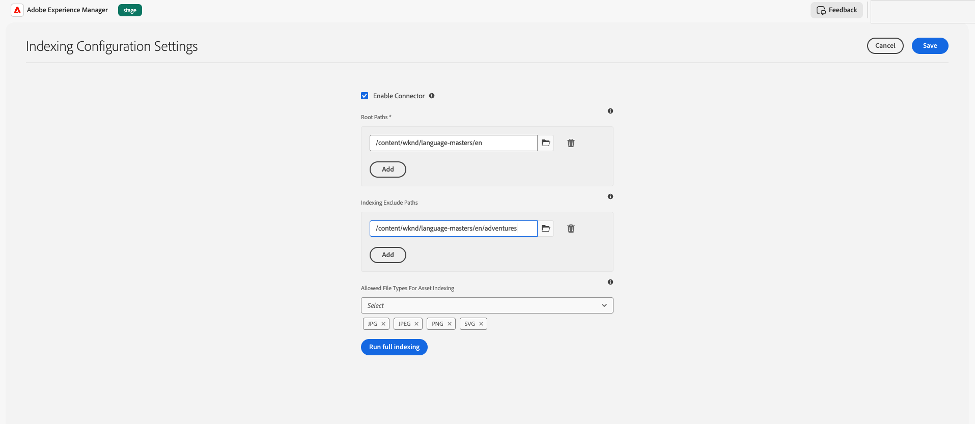 AEM Indexing Configuration Settings screen with connector enablement, root paths, exclude paths, allowed file types, and Run full indexing button.