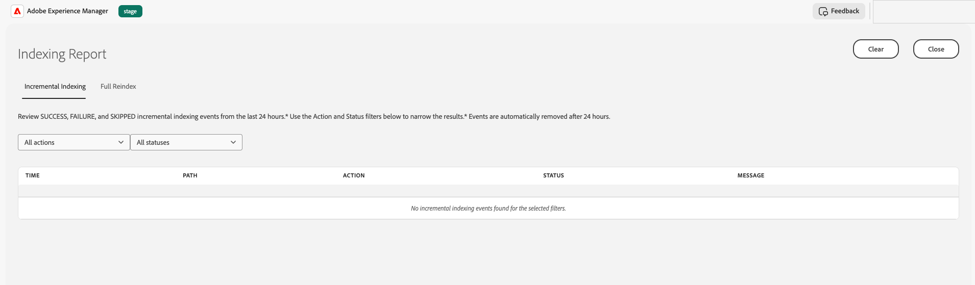 AEM Indexing Report screen showing the Incremental Indexing and Full Reindex tabs, action and status filters, and an empty event table.