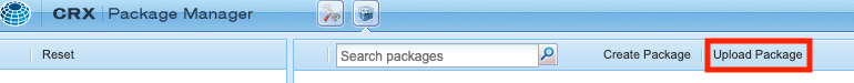 AEM CRX Package Manager toolbar with Upload Package highlighted.