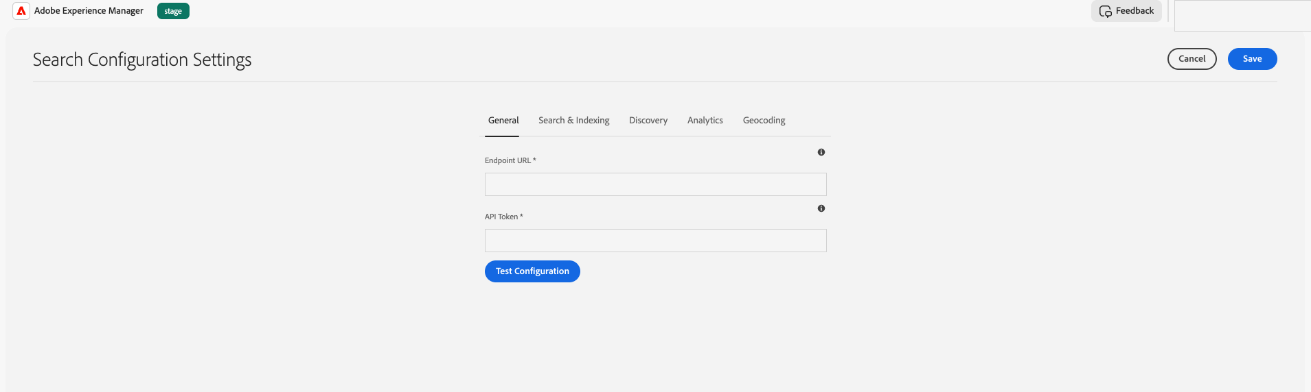 AEM Search Configuration Settings page, opened from API Configuration, showing the General tab with endpoint, token, and Test Configuration controls.