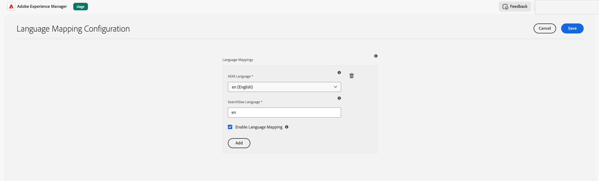 AEM Language Mapping Configuration screen showing an enabled English language mapping.