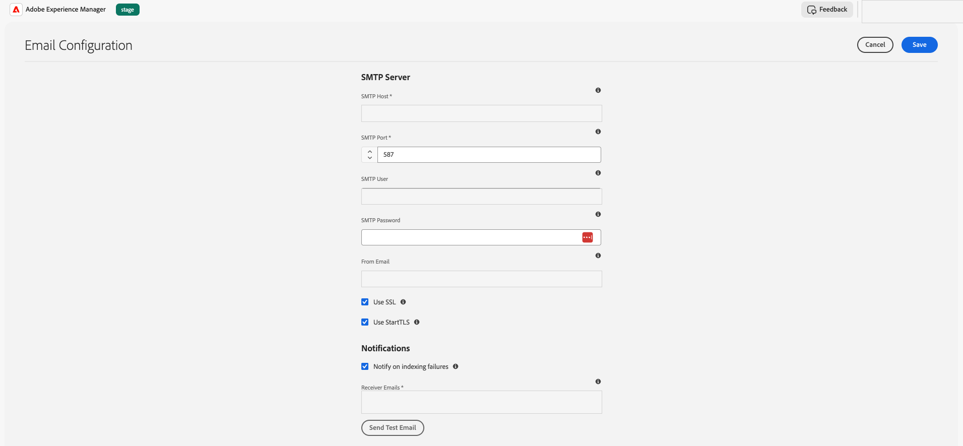 AEM Email Configuration screen showing From Email, Use SSL, Use StartTLS, Receiver Emails, and Send Test Email controls.