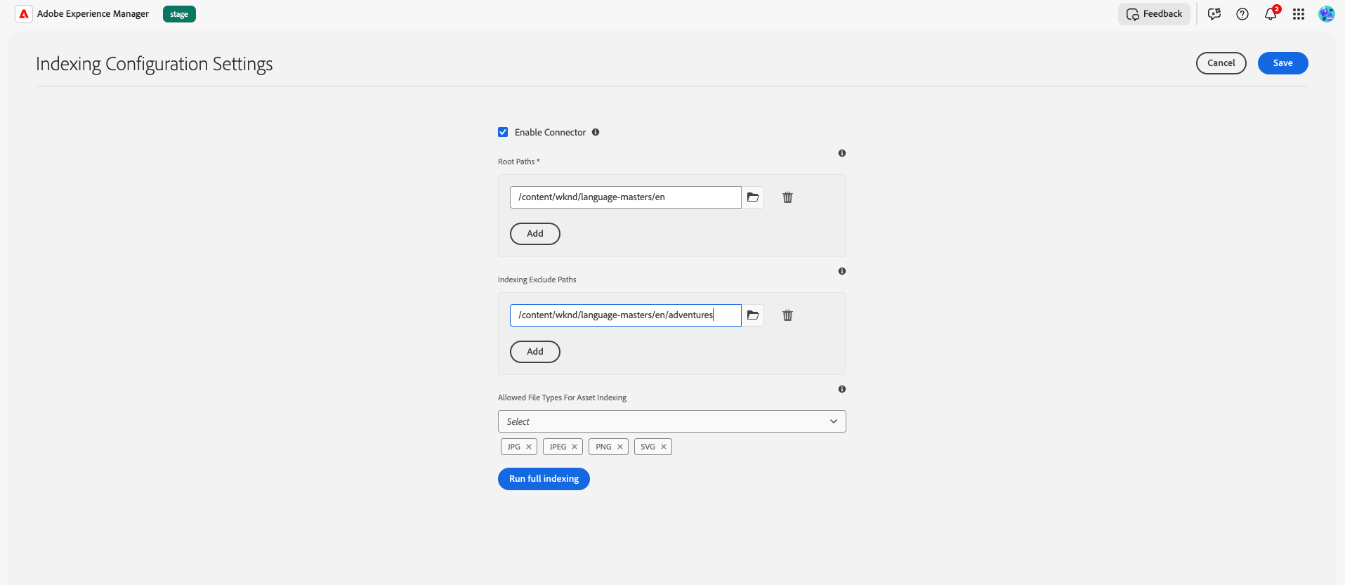 AEM Indexing Configuration Settings screen with root paths, exclude paths, allowed file types, and Run full indexing button.