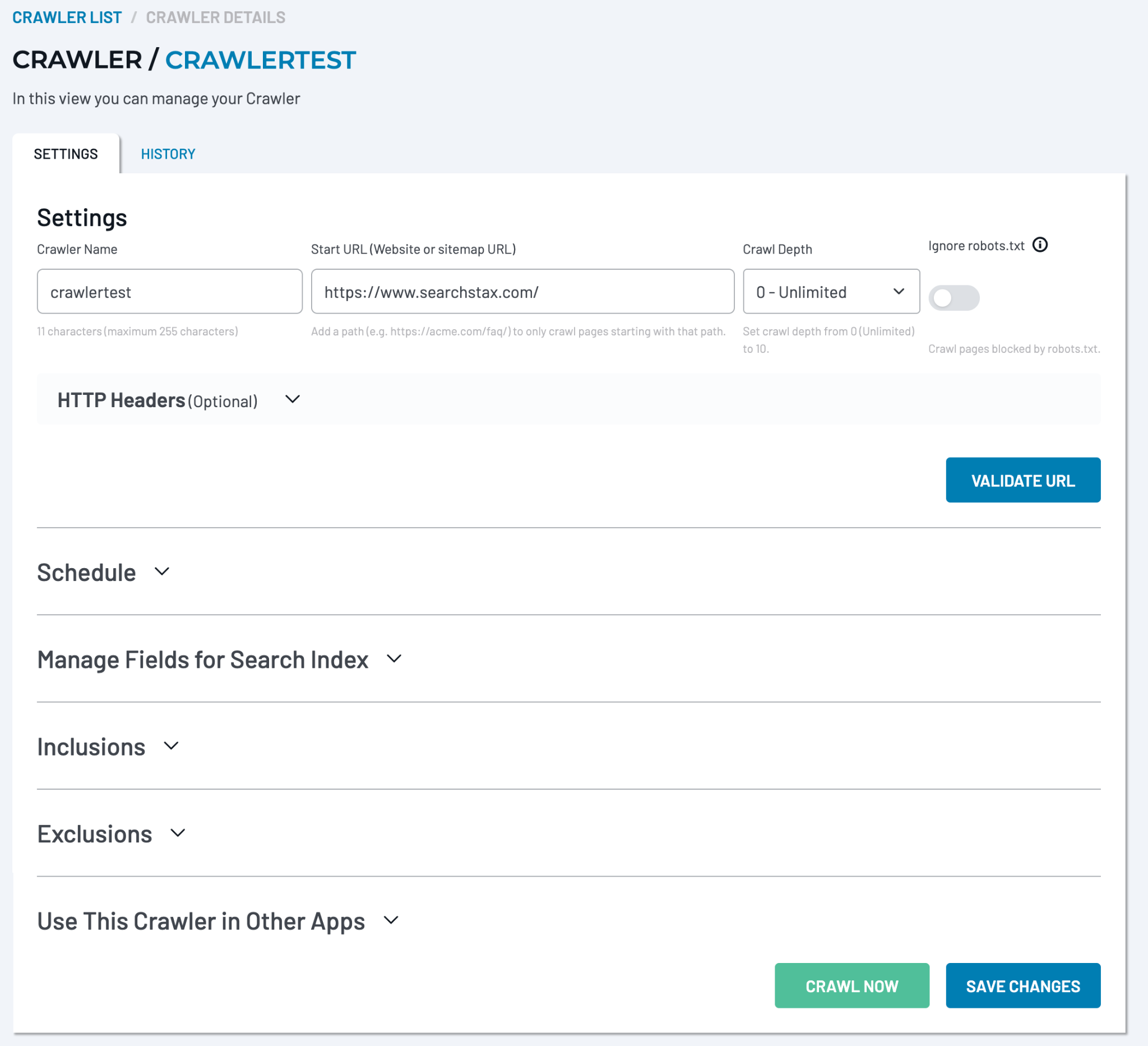 Crawler Details page with the Settings tab selected, showing Crawler Name, Start URL, Crawl Depth, Ignore robots.txt unchecked, Schedule, Fields, Inclusions, and Exclusions.