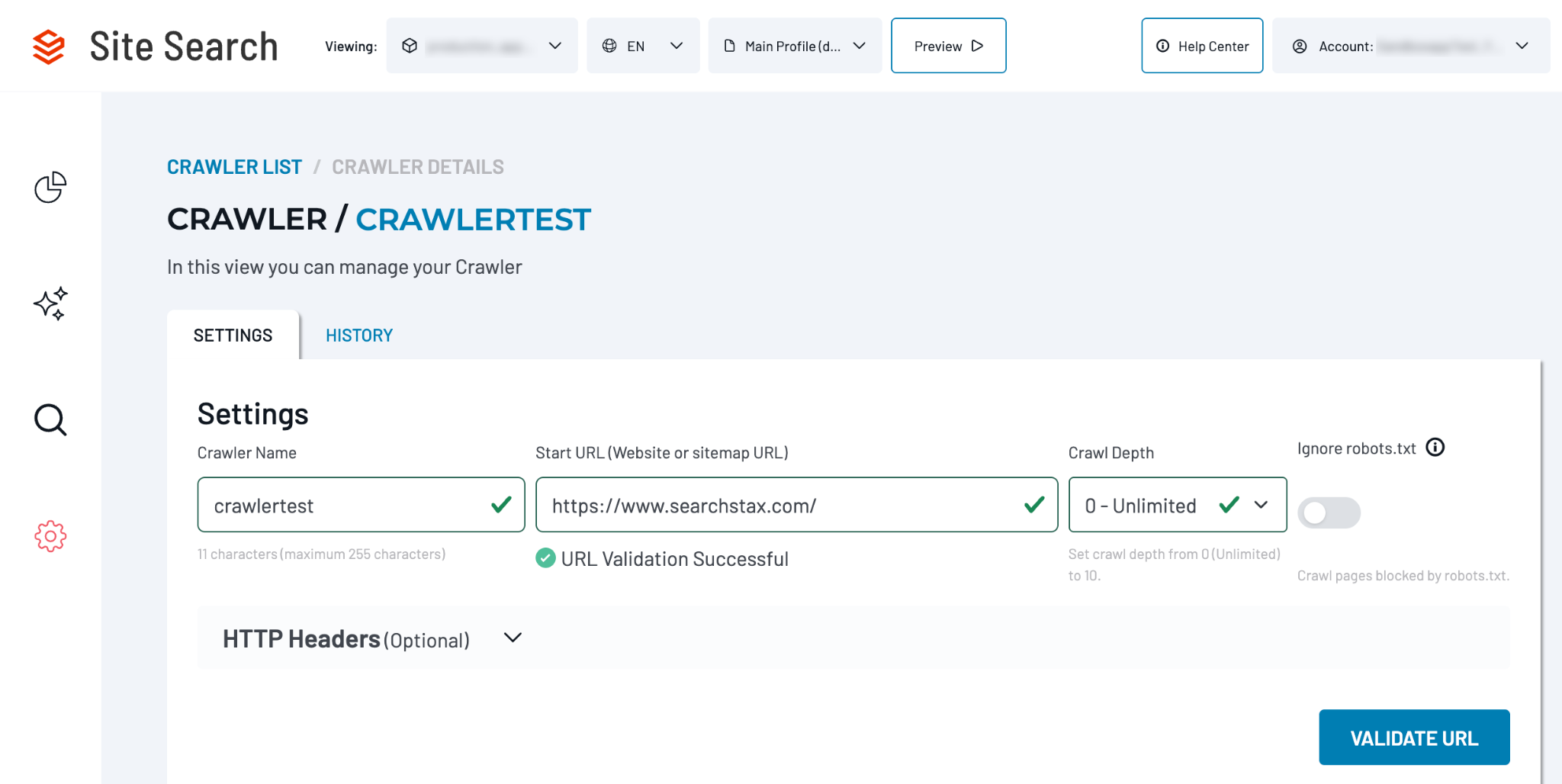 Create New Crawler settings showing Crawler Name, Start URL, Crawl Depth, and Ignore robots.txt unchecked.
