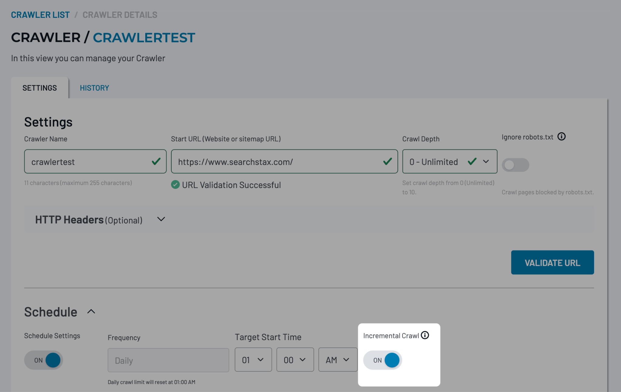 Crawler Settings showing Crawler Name, Start URL, Crawl Depth, Ignore robots.txt unchecked, with the Schedule section expanded and Incremental Crawl selected.