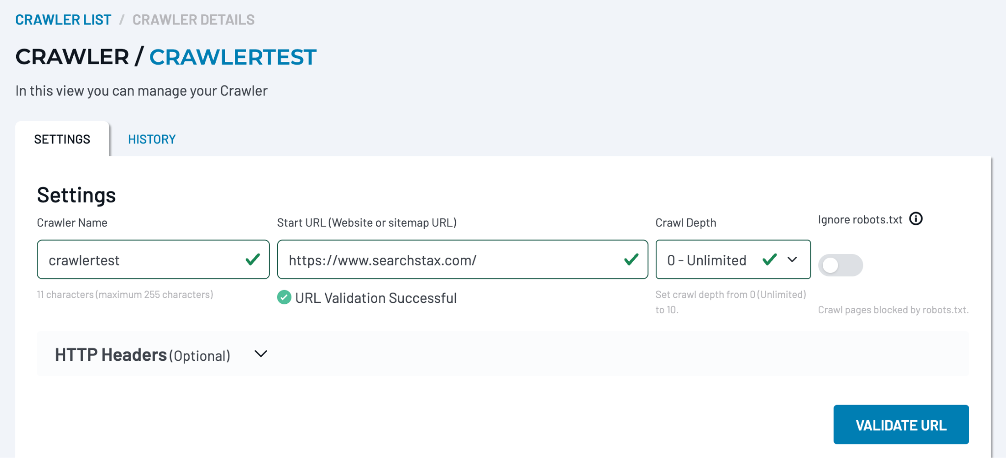Create New Crawler interface showing Crawler Name, Start URL, Validate URL, Crawl Depth, and Ignore robots.txt unchecked.