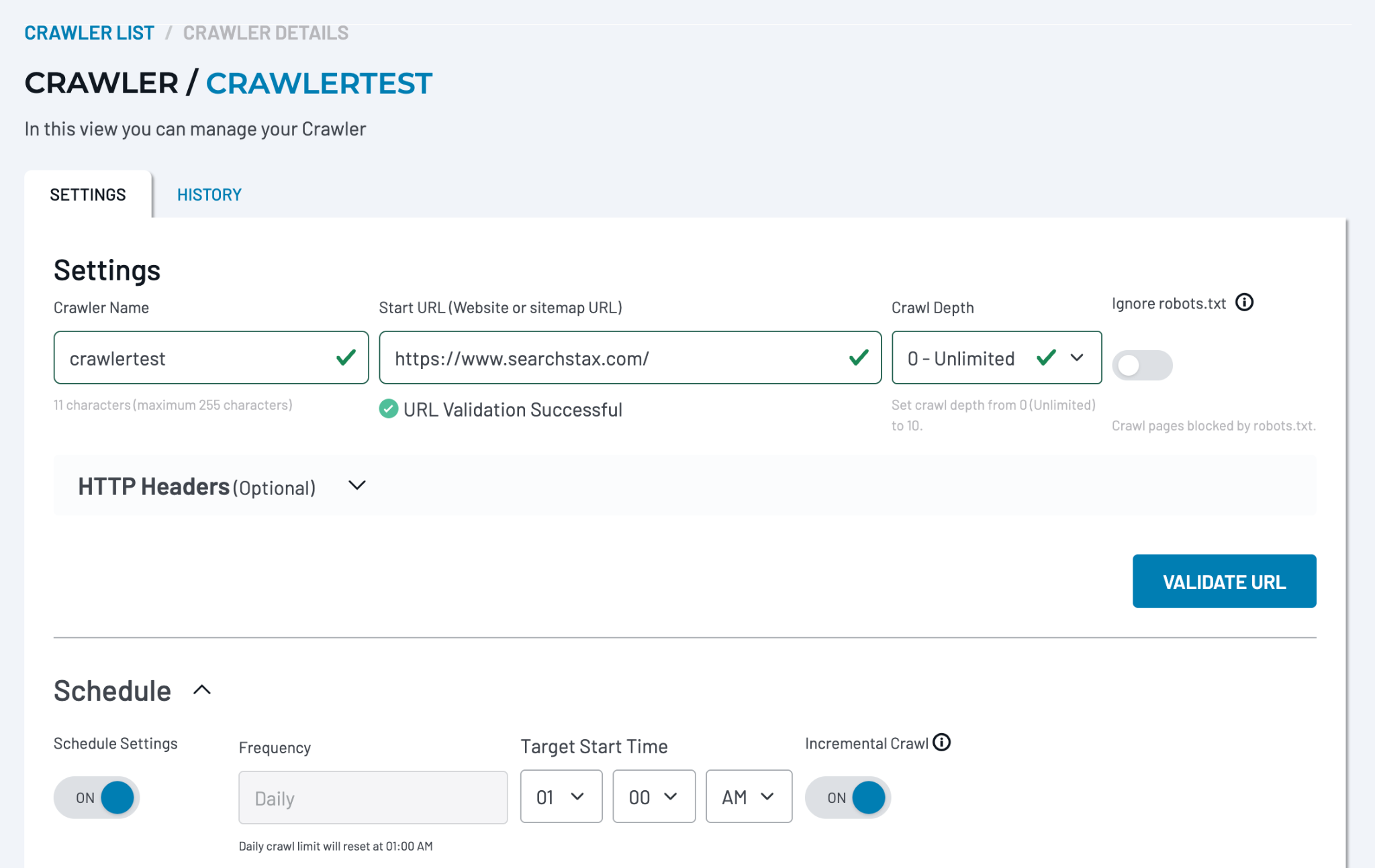 Crawler Settings showing Crawl Depth, Ignore robots.txt unchecked, and Schedule switched on with a Target Start Time.
