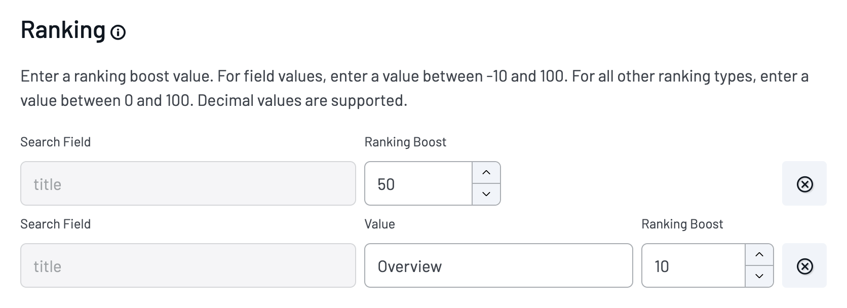 Ranking configuration showing a numeric boost of 50 and a Field Value boost of 10 for Overview.