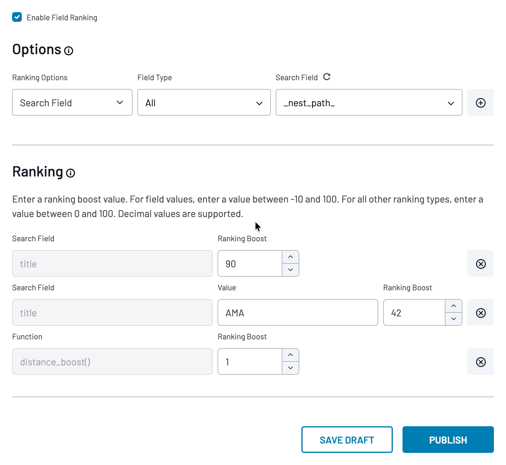 Ranking options showing numeric boost inputs for Search Field, Field Value, and Function.