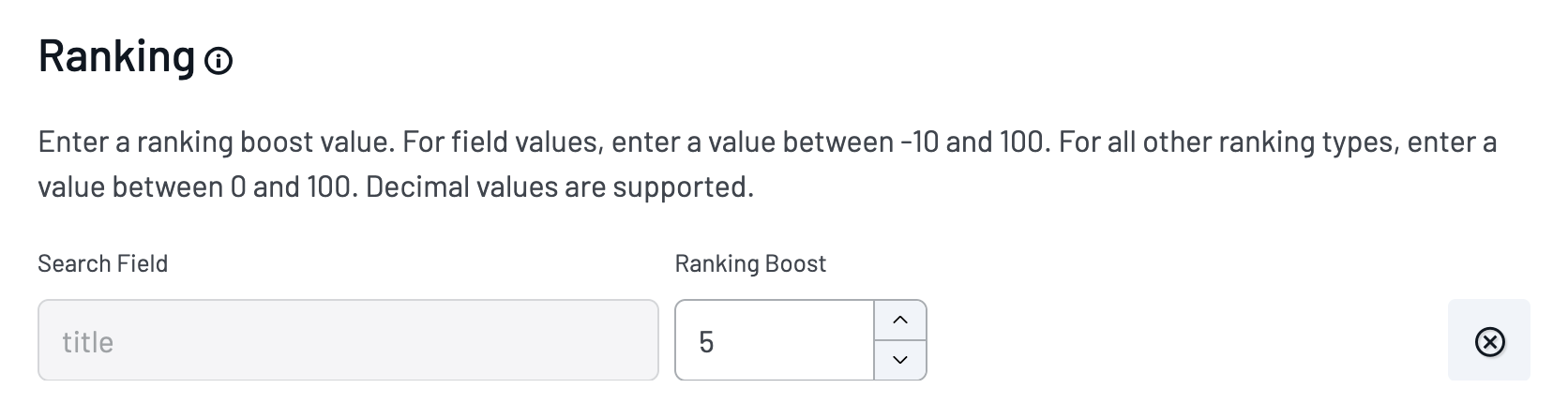 Ranking configuration showing a numeric boost value of 5 for the title field.