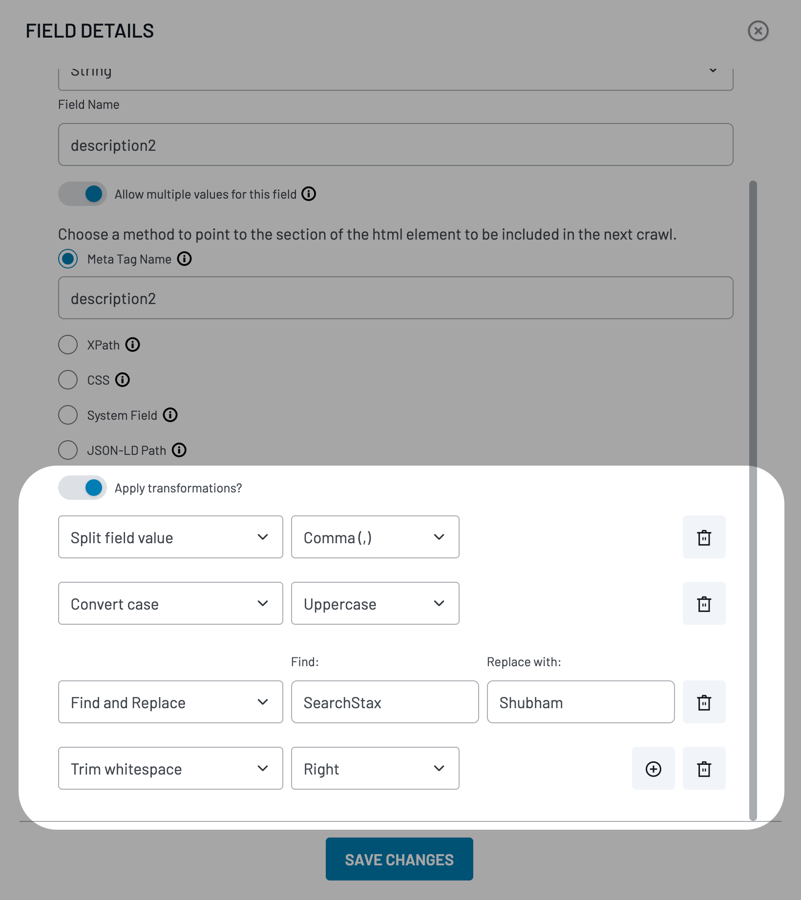 Crawler Field Details showing five transformations configured for a custom field.