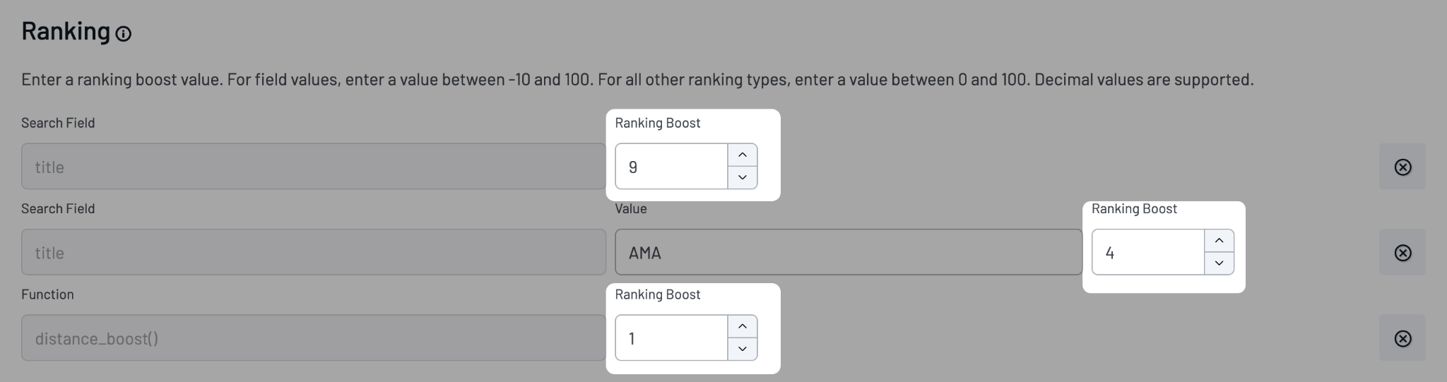 Ranking options showing a Search Field boost with a numeric value of 5.