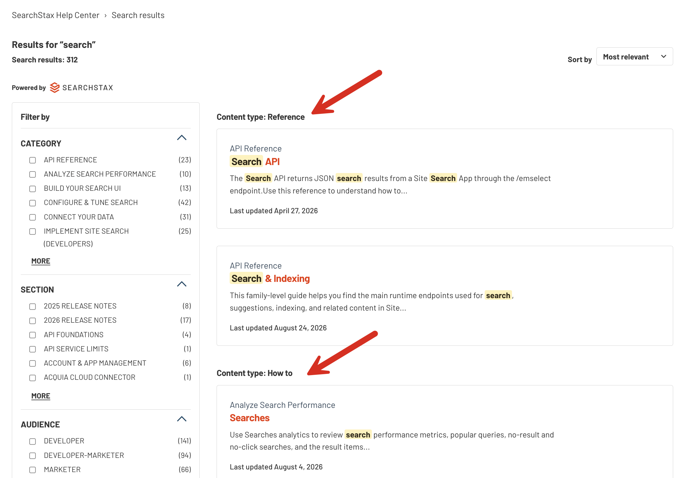SearchStax Help Center search results grouped by content type, with separate Reference and How to result groups displayed alongside search filters.