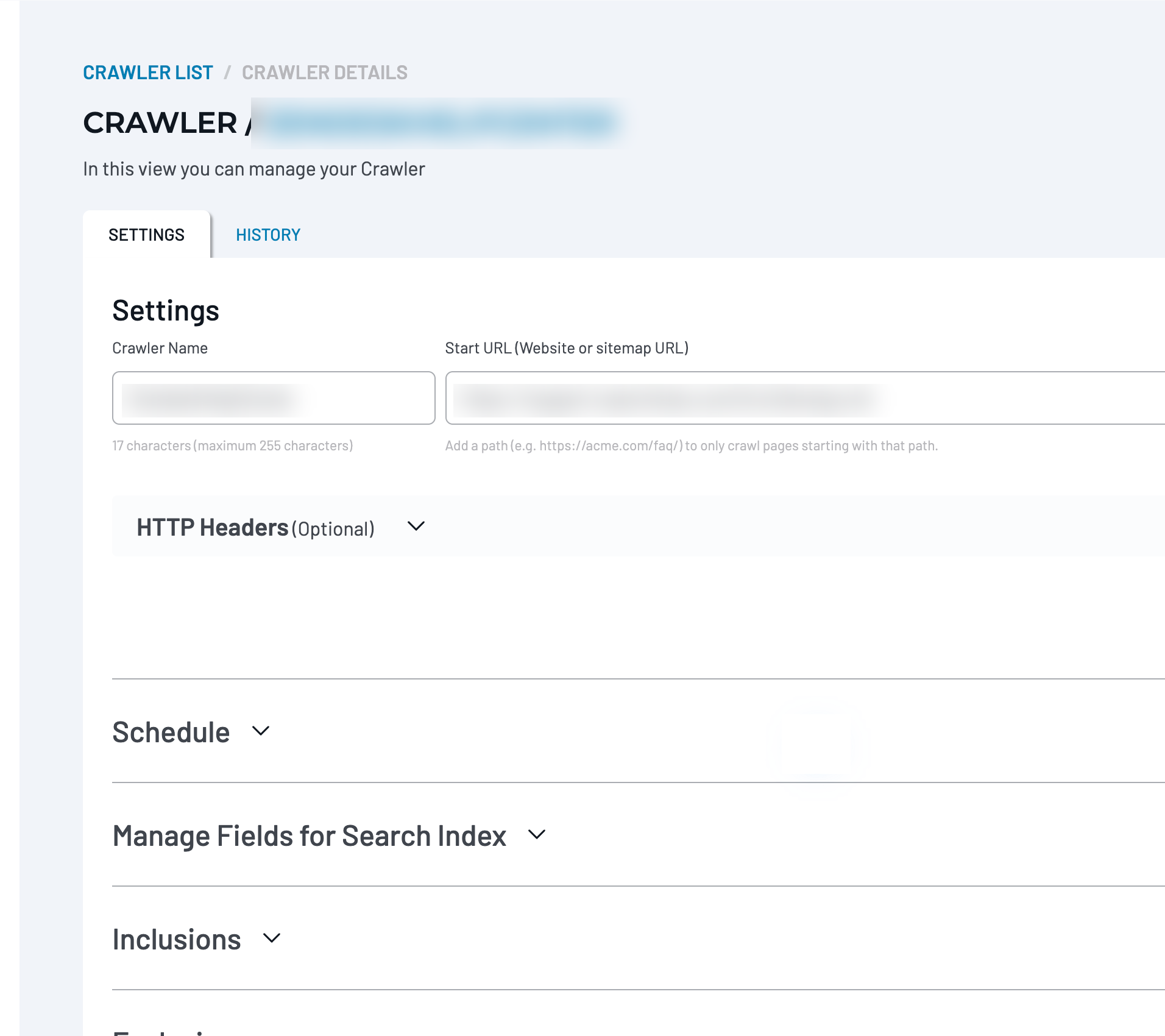 Crawler Details page with the Settings tab selected, showing crawler configuration sections.