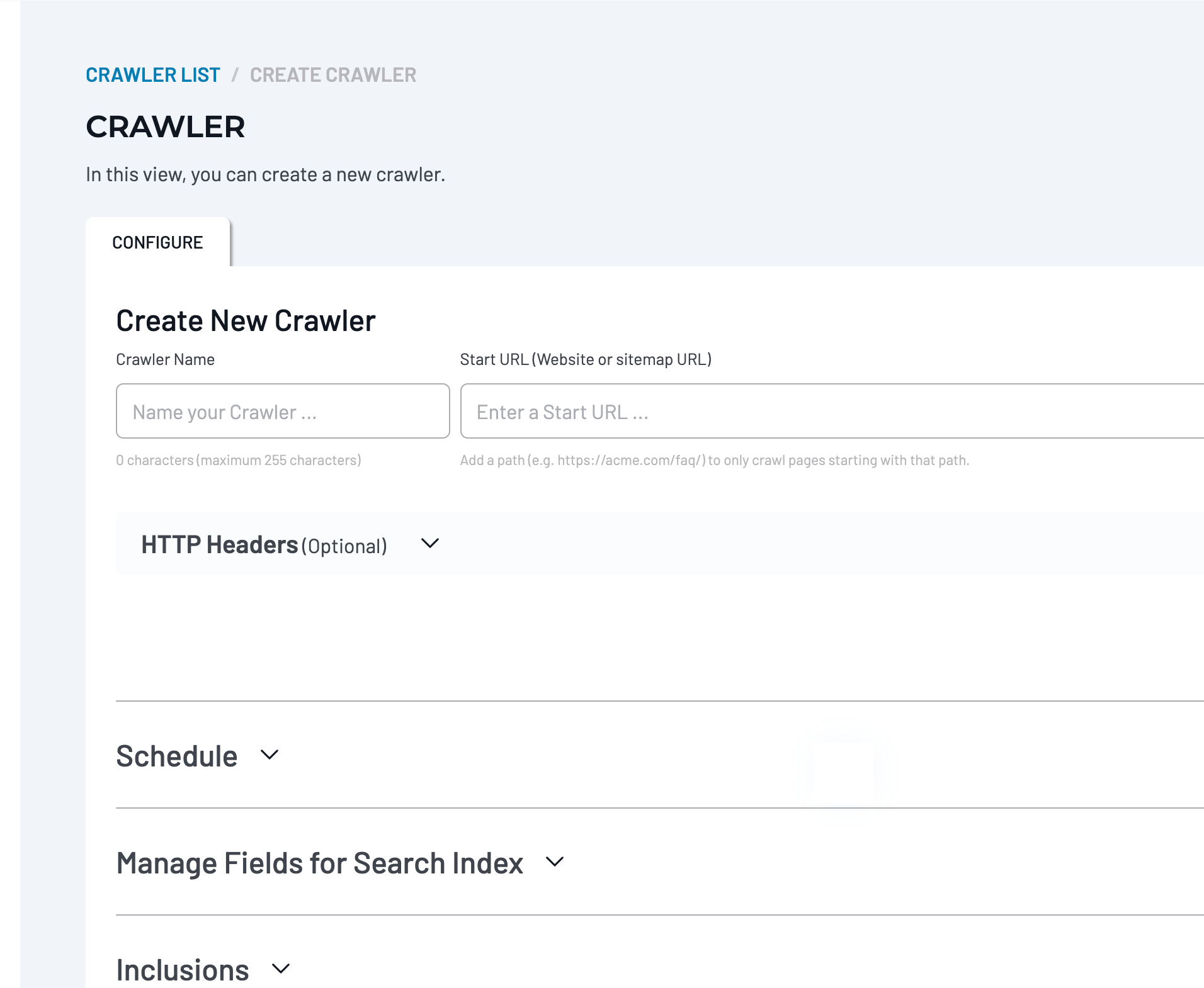 Create New Crawler page showing blank Crawler Name and Start URL fields, Crawl Depth, HTTP Headers, Schedule, Manage Fields for Search Index, Inclusions, and Exclusions.