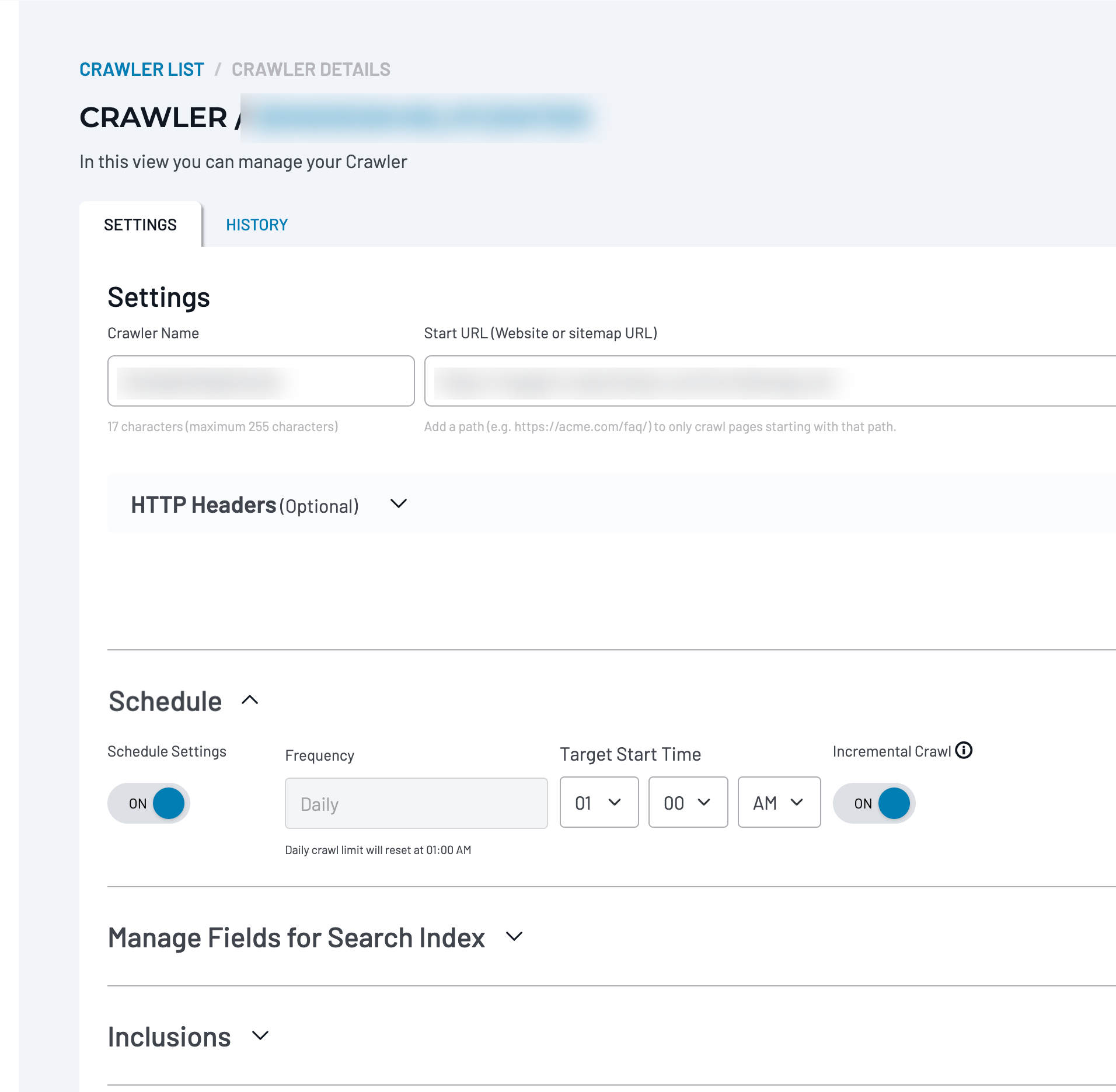 Crawler Settings with Schedule expanded, showing daily scheduling controls and Incremental Crawl enabled.