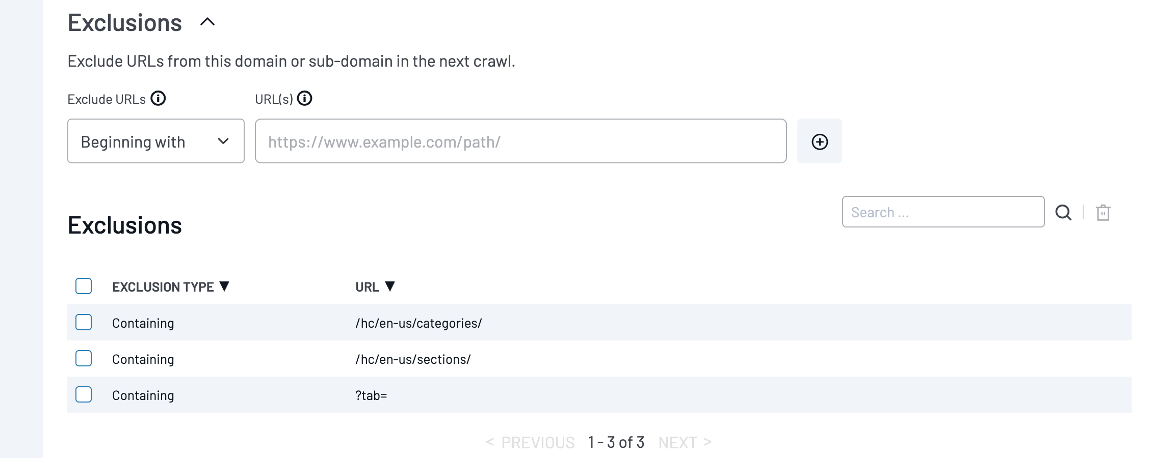 Crawler Exclusions table showing rules for categories, sections, and tab query parameters.