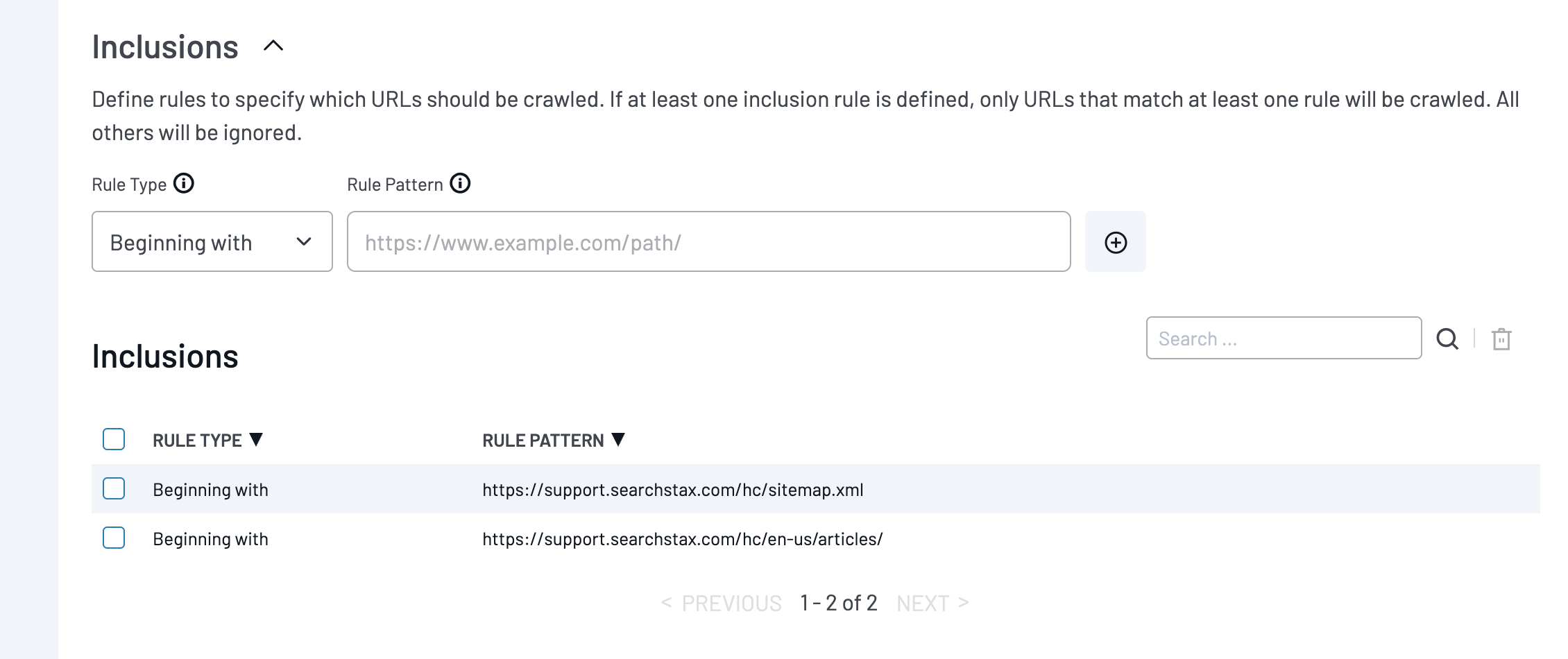 Crawler Inclusions table showing the production sitemap and Help Center article URL rules.